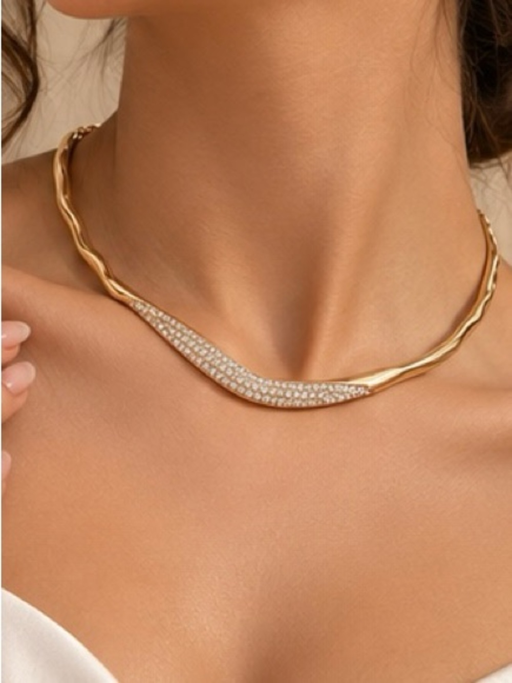 Gold Tone Crystal Collar Necklace Pavé Statement Choker Jewelry